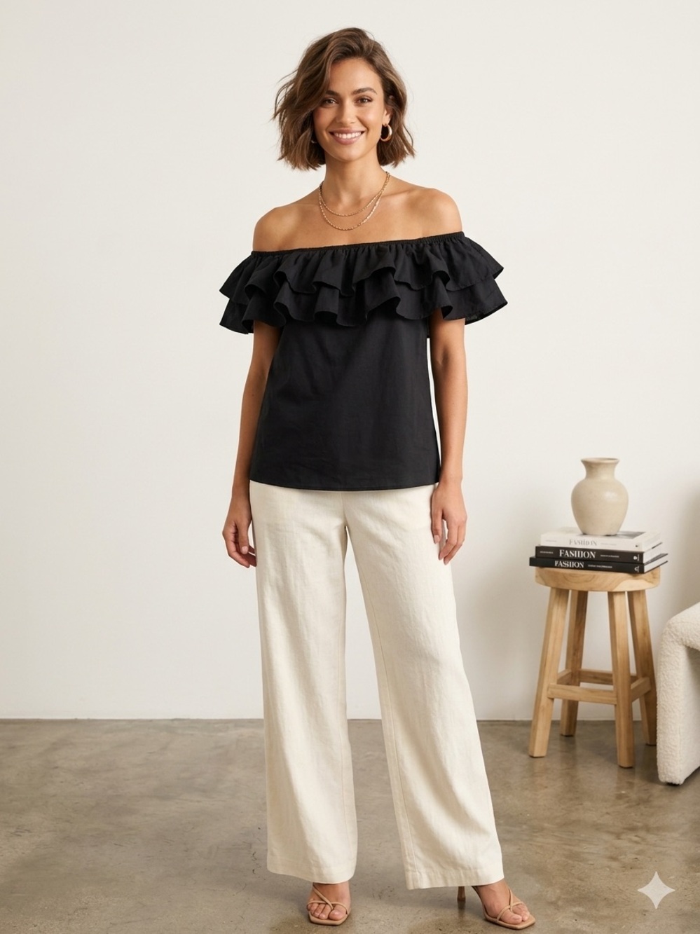 H&M Black Mixed-Media Off-the-Shoulder Ruffle Flounce Top Blouse Size S